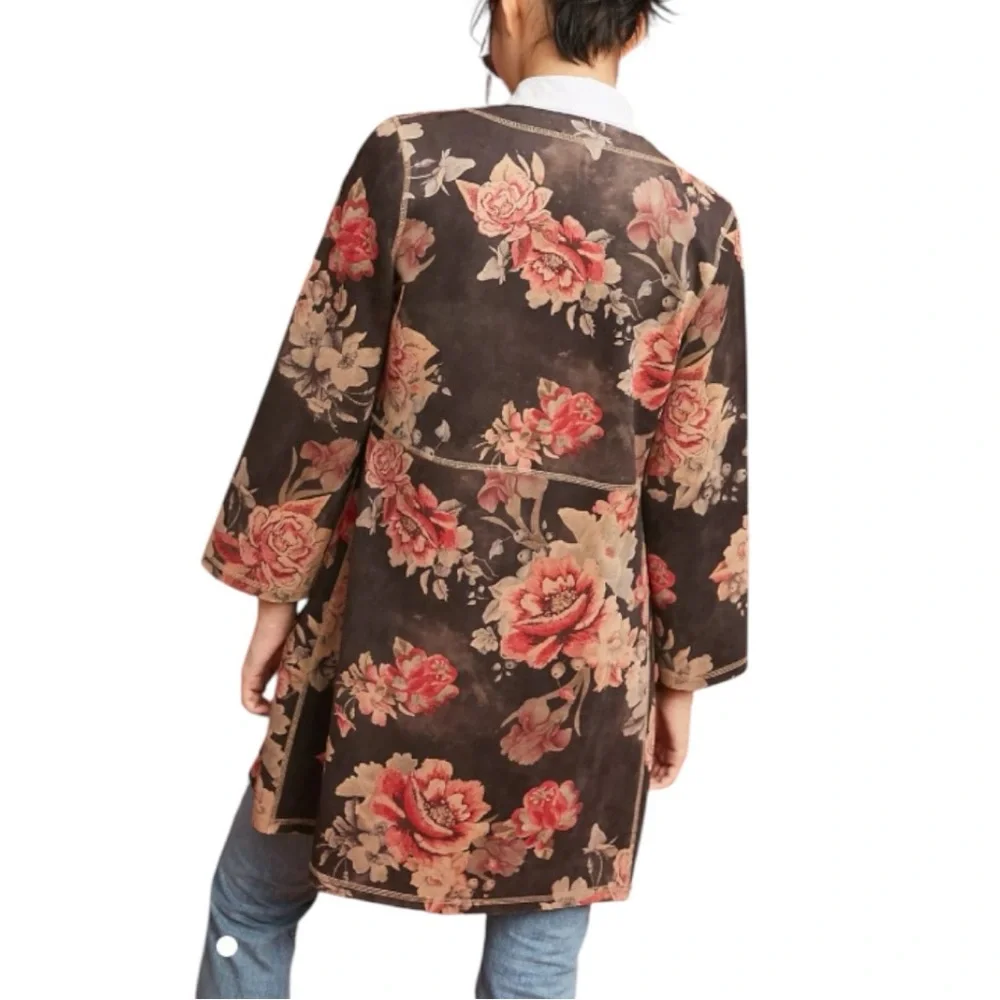 Solitaire Anthropologie Boho Floral Open Front Cardigan, Kimono, Suede Coat Sz M